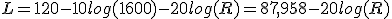 L=120-10log(1600)-20log(R)=87,958-20log(R)