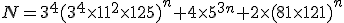 N=3^4(3^4\times11^2\times125)^n+4\times5^{3n}+2\times(81\times121)^n
