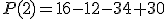P(2)=16-12-34+30
