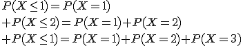 P(X\le1)=P(X=1)\\ P(X\le2)=P(X=1)+P(X=2)\\ P(X\le1)=P(X=1)+P(X=2)+P(X=3)