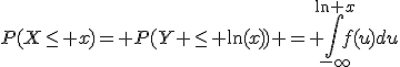 P(X\leq x)= P(Y \leq \ln(x)) = \int_{-\infty}^{\ln x}f(u)du