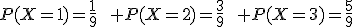 P(X=1)=\frac{1}{9}\qquad P(X=2)=\frac{3}{9}\qquad P(X=3)=\frac{5}{9}