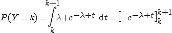 P(Y=k)=\Bigint_{k}^{k+1}\lambda e^{-\lambda t}\text{d}t=\left[-e^{-\lambda t}\right]_k^{k+1}