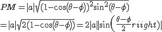 PM=|a| \sqrt{(1-cos(\theta - \phi))^2+sin^2(\theta - \phi)}
 \\ =|a| \sqrt{2(1-cos(\theta - \phi))}=2|a||sin(\frac{\theta - \phi}{2})|