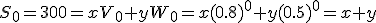 S_0=300=xV_0+yW_0=x(0.8)^0+y(0.5)^0=x+y