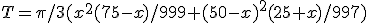 T=\pi/3(x^2(75-x)/999+(50-x)^2(25+x)/997)