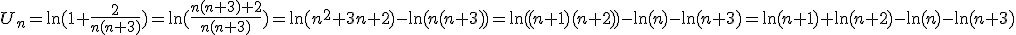 U_n=\ln(1+\frac{2}{n(n+3)})=\ln(\frac{n(n+3)+2}{n(n+3)})=\ln(n^2+3n+2)-\ln(n(n+3))=\ln((n+1)(n+2))-\ln(n)-\ln(n+3)=\ln(n+1)+\ln(n+2)-\ln(n)-\ln(n+3)