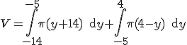 V=\Bigint_{-14}^{-5}\pi(y+14)\,\text{d}y+\Bigint_{-5}^{4}\pi(4-y)\,\text{d}y