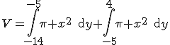 V=\Bigint_{-14}^{-5}\pi x^2\,\text{d}y+\Bigint_{-5}^{4}\pi x^2\,\text{d}y