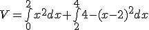 V=\bigint_0^2x^2dx+\bigint_2^44-(x-2)^2dx