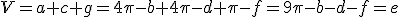 V=a+c+g=4\pi-b+4\pi-d+\pi-f=9\pi-b-d-f=e