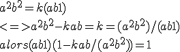 a^2+b^2=k(ab+1) 
 \\ <=> a^2+b^2-kab=k=(a^2+b^2)/(ab+1)
 \\ alors (ab+1)(1-kab/(a^2+b^2))=1