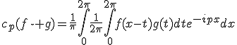 c_p(f\star g)=\frac{1}{\pi}\int_0^{2\pi}\frac{1}{2\pi}\int_0^{2\pi}f(x-t)g(t)dte^{-ipx}dx