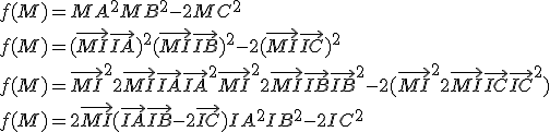 f(M)= MA^2 + MB^2 - 2MC^2
 \\ f(M)=(\vec{MI}+\vec{IA})^2+(\vec{MI}+\vec{IB})^2-2(\vec{MI}+\vec{IC})^2
 \\ f(M)=\vec{MI}^2+2\vec{MI}\vec{IA}+\vec{IA}^2+\vec{MI}^2+2\vec{MI}\vec{IB}+\vec{IB}^2-2(\vec{MI}^2+2\vec{MI}\vec{IC}+\vec{IC}^2)
 \\ f(M)=2\vec{MI}(\vec{IA}+\vec{IB}-2\vec{IC})+IA^2+IB^2-2IC^2
 \\ 