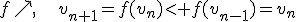 f\nearrow,\hspace{20}v_{n+1}=f(v_n)\lt f(v_{n-1})=v_n