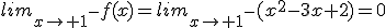 lim_{x\to 1^-}f(x)=lim_{x\to 1^-}(x^2-3x+2)=0