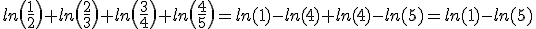 ln\(\frac{1}{2}\)+ln\(\frac{2}{3}\)+ln\(\frac{3}{4}\)+ln\(\frac{4}{5}\)=ln(1)-ln(4)+ln(4)-ln(5)=ln(1)-ln(5)