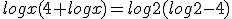 logx(4+logx)=log2(log2-4)