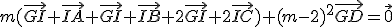 m(\vec{GI}+\vec{IA}+\vec{GI}+\vec{IB}+2\vec{GI}+2\vec{IC})+(m-2)^2\vec{GD}=\vec{0}