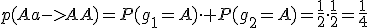 p(Aa->AA)=P(g_1=A)\cdot P(g_2=A)=\frac{1}{2}\cdot\frac{1}{2}=\frac{1}{4}