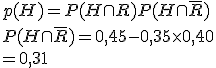 p(H)=P(H\cap R)+P(H\cap\bar{R})
 \\ 
 \\ P(H\cap\bar{R})=0,45-0,35\time 0,40
 \\ =0,31