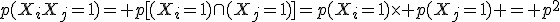 p(X_iX_j=1)= p[(X_i=1)\cap(X_j=1)]=p(X_i=1)\times p(X_j=1) = p^2