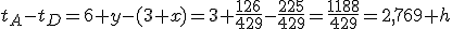 t_A-t_D=6+y-(3+x)=3+\frac{126}{429}-\frac{225}{429}=\frac{1188}{429}=2,769 h