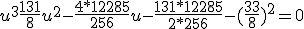 u^3 + \frac{131}{8}u^2 - \frac{4*12285}{256}u - \frac{131*12285}{2*256}-(\frac{33}{8})^2=0