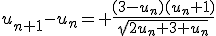 u_{n+1}{-}u_n{=} \frac{(3-u_n)(u_n+1)}{\sqrt{2u_n+3+u_n}}