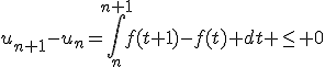 u_{n+1}-u_n=\int_n^{n+1}{f(t+1)-f(t)} dt \leq 0