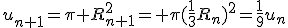 u_{n+1}=\pi R^2_{n+1}= \pi(\frac{1}{3}R_n)^2=\frac{1}{9}u_n