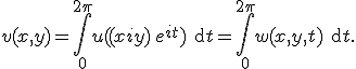 v(x,y) = \int_0^{2\pi}{u((x+iy)\,e^{it})\text{~d}t} = \int_0^{2\pi}{w(x,y,t)\text{~d}t}.