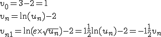 v_0=3-2=1
 \\ v_n=\ln(u_n) - 2
 \\ v_{n+1}=\ln(e\times\sqr{u_n})-2=1+\frac12\ln(u_n)-2=-1+\frac12v_n