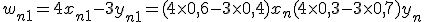 w_{n+1} = 4x_{n+1} -3y_{n+1} = (4\times 0,6-3\times 0,4)x_n + (4\times 0,3-3\times 0,7)y_n