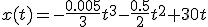 x(t)=-\frac{0.005}{3}t^3-\frac{0.5}{2}t^2+30t