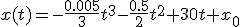 x(t)=-\frac{0.005}{3}t^3-\frac{0.5}{2}t^2+30t+x_0