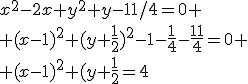 x^2-2x+y^2+y-11/4=0
 \\ (x-1)^2+(y+\fr{1}{2})^2-1-\fr{1}{4}-\fr{11}{4}=0
 \\ (x-1)^2+(y+\fr{1}{2}=4