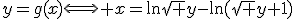 y=g(x)\Longleftrightarrow x=\ln\sqrt y-\ln(\sqrt y+1)