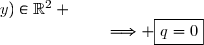 \left\lbrace\begin{matrix}xp+yq=x\\yp+xq=y\end{matrix}\right.\Longleftrightarrow\left\lbrace\begin{matrix}xyp+y^2q=xy\ \ \ (\text{en multipliant les deux membres par }y)\\xyp+x^2q=xy\ \ \ (\text{en multipliant les deux membres par }x)\end{matrix}\right. \\\\\phantom{WWWWWn0}\Longrightarrow y^2q-x^2q=0\ \ \ (\text{en soustrayant membre} \\\phantom{WWWWWWWWWWWWWn0}\text{  membre les deux quations}) \\\phantom{WWWWWn0}\Longrightarrow (y^2-x^2)q=0\ \ \ \forall(x\,;\,y)\in\R^2 \\\phantom{WWWWWn0}\Longrightarrow \boxed{q=0}