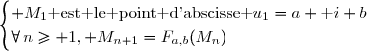 \begin{cases} M_1\text{ est le point d'abscisse }u_1=a+\text i b\\\forall\,n\geq 1, M_{n+1}=F_{a,b}(M_n)\end{cases}