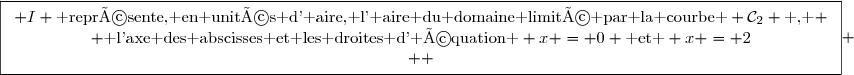 \boxed{\begin{array}{c} I \text{ représente, en unités d' aire, l' aire du domaine limité par la courbe } \mathcal{C}_2 \text{ , } \\ \text{ l'axe des abscisses et les droites d' équation } x = 0 \text{ et } x = 2\\  \end{array}} 