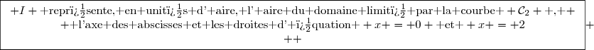 \boxed{\begin{array}{c} I \text{ repr�sente, en unit�s d' aire, l' aire du domaine limit� par la courbe } \mathcal{C}_2 \text{ , } \\ \text{ l'axe des abscisses et les droites d' �quation } x = 0 \text{ et } x = 2\\  \end{array}} 