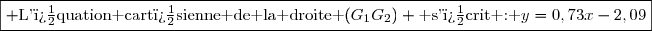 \boxed{\begin{matrix} \text{L'�quation cart�sienne de la droite }(G_1G_2) \text{ s'�crit : }y=0,73x-2,09\end{matrix}}