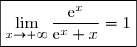 {\red{5.}}\;\lim\limits_{x\to+\infty}\dfrac{\text{e}^x}{\text{e}^x+x}=\lim\limits_{x\to+\infty}\dfrac{\text{e}^x}{\text{e}^x\left(1+\dfrac{x}{\text{e}^x}\right)} \\\overset{{\white{.}}}{\phantom{WWWWWWv}=\lim\limits_{x\to+\infty}\dfrac{1}{1+\dfrac{x}{\text{e}^x}}} \\\\\text{Or }\;\lim\limits_{x\to+\infty}\dfrac{x}{\text{e}^x}=0\quad(\text{croissances comparées})\quad\Longrightarrow\lim\limits_{x\to+\infty}\dfrac{1}{1+\dfrac{x}{\text{e}^x}}=1 \\\\\text{D'où }\;\boxed{\lim\limits_{x\to+\infty}\dfrac{\text{e}^x}{\text{e}^x+x}=1}