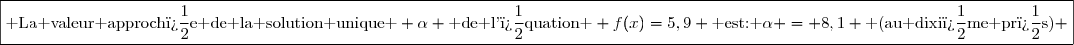 \boxed{\text{ La valeur approch�e de la solution unique } \alpha \text{ de l'�quation } f(x)=5,9 \text{ est: }\alpha = 8,1 \text{ (au dixi�me pr�s)} }