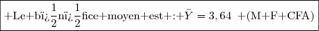 \boxed{\text{ Le b�n�fice moyen est : }\bar{Y}=3,64\enskip\text{ (M F CFA)}}