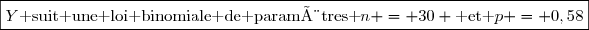 \boxed{Y\text{ suit une loi binomiale de paramètres }n = 30 \text{ et }p = 0,58}