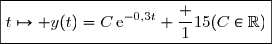 \boxed{t\mapsto y(t)=C\,\text{e}^{-0,3t}+\dfrac {1}{15}\ \ \ \ \ (C\in\R)}