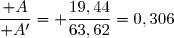 \dfrac{\mathcal A}{\mathcal A'}= \dfrac{19,44}{63,62}=0,306