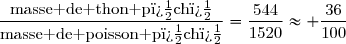 \dfrac{\text{masse de thon p�ch�}}{\text{masse de poisson p�ch�}}=\dfrac{544}{1520}\approx \dfrac{36}{100}